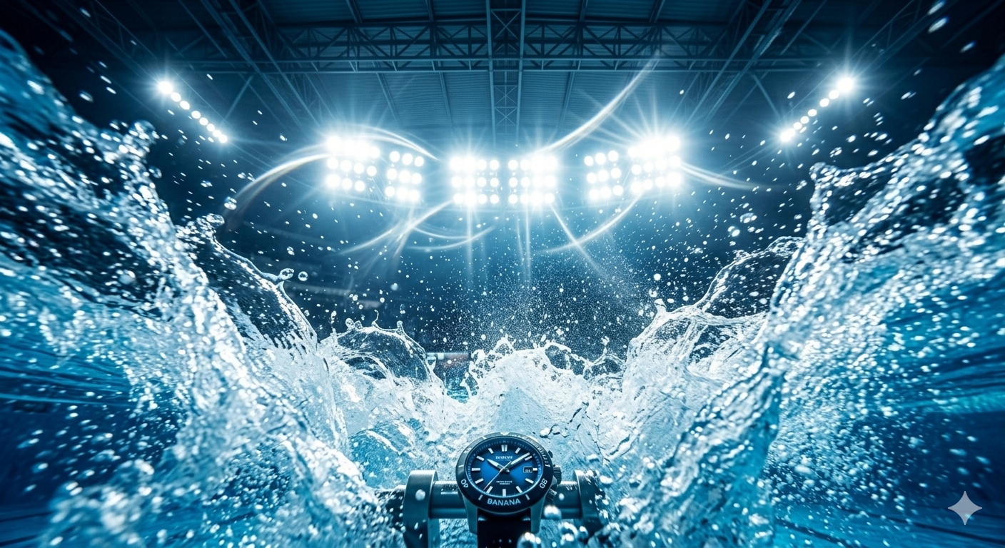 Crystal clear swimming pool water splashing dynamically, underwater shot looking up at bright glowing stadium lights, cinematic, 8k resolution. (A Nano Banana2 generated image)